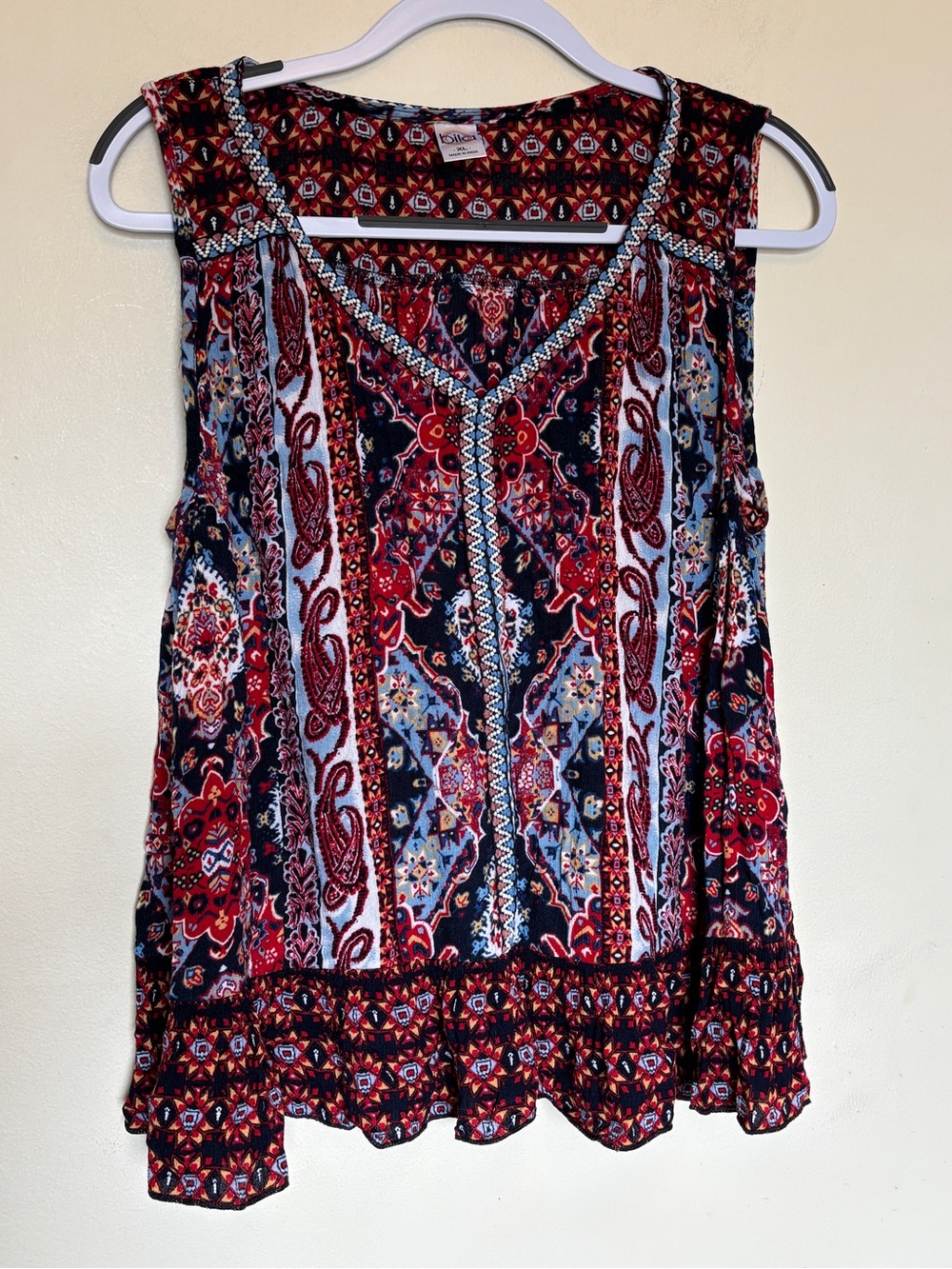 Bila Women's Boho Top Sz XL Paisley Geometric Sleeveless Tank Flowy Patchwork